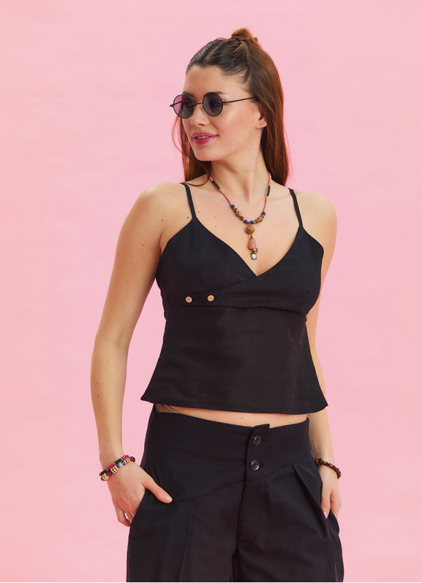 V Neck Thin Straps Black Summer Blouse 4438